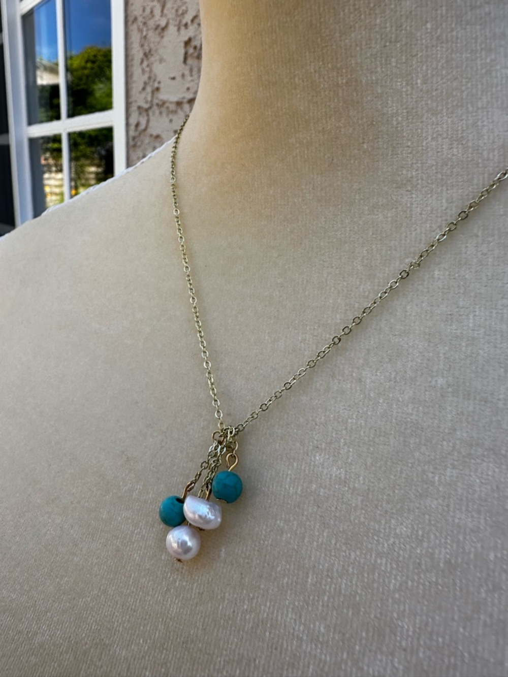 Hand Crafted Gold Chain Necklace with Turquoise Beads and White Pearls